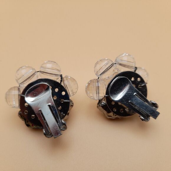 Vintage Art Lava Glass Clear Faceted Bead Earrings, Silver Tone, Clips - Picture 10 of 10